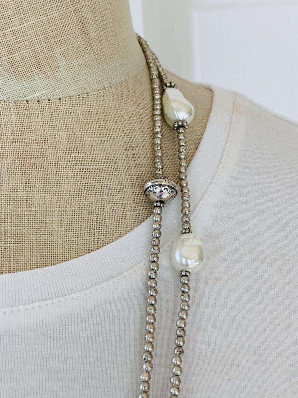 NWT Chico's "Pearl" Silvertone Long Necklace 38 to 42" Nickel Free Double Strand - Picture 5 of 9